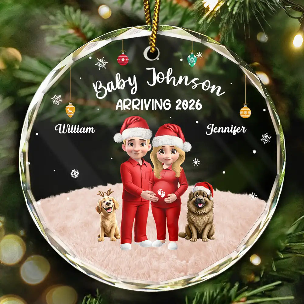 Christmas,Gift For Couples,New Dad,New baby,New Mom,Happy - Expecting Parents 3D Effect Baby Arriving - Personalized Circle Glass Ornament