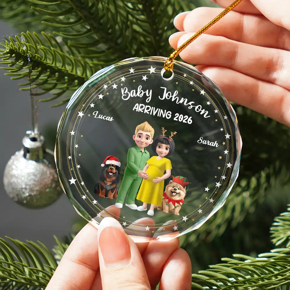 Christmas,Gift For Couples,New Dad,New baby,New Mom,Happy - Expecting Parents 3D Effect Baby Arriving - Personalized Circle Glass Ornament
