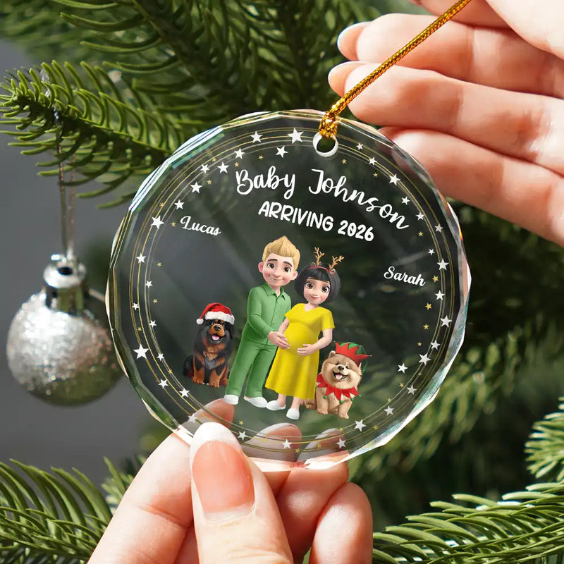 Christmas,Gift For Couples,New Dad,New baby,New Mom,Happy - Expecting Parents 3D Effect Baby Arriving - Personalized Circle Glass Ornament