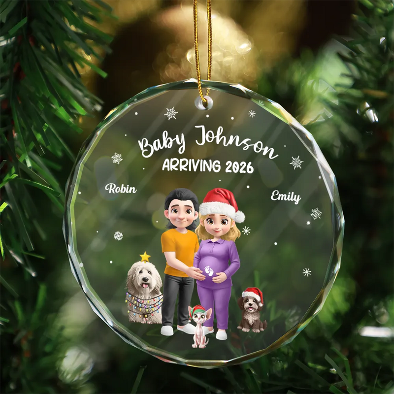 Christmas,Gift For Couples,New Dad,New baby,New Mom,Happy - Expecting Parents 3D Effect Baby Arriving - Personalized Circle Glass Ornament