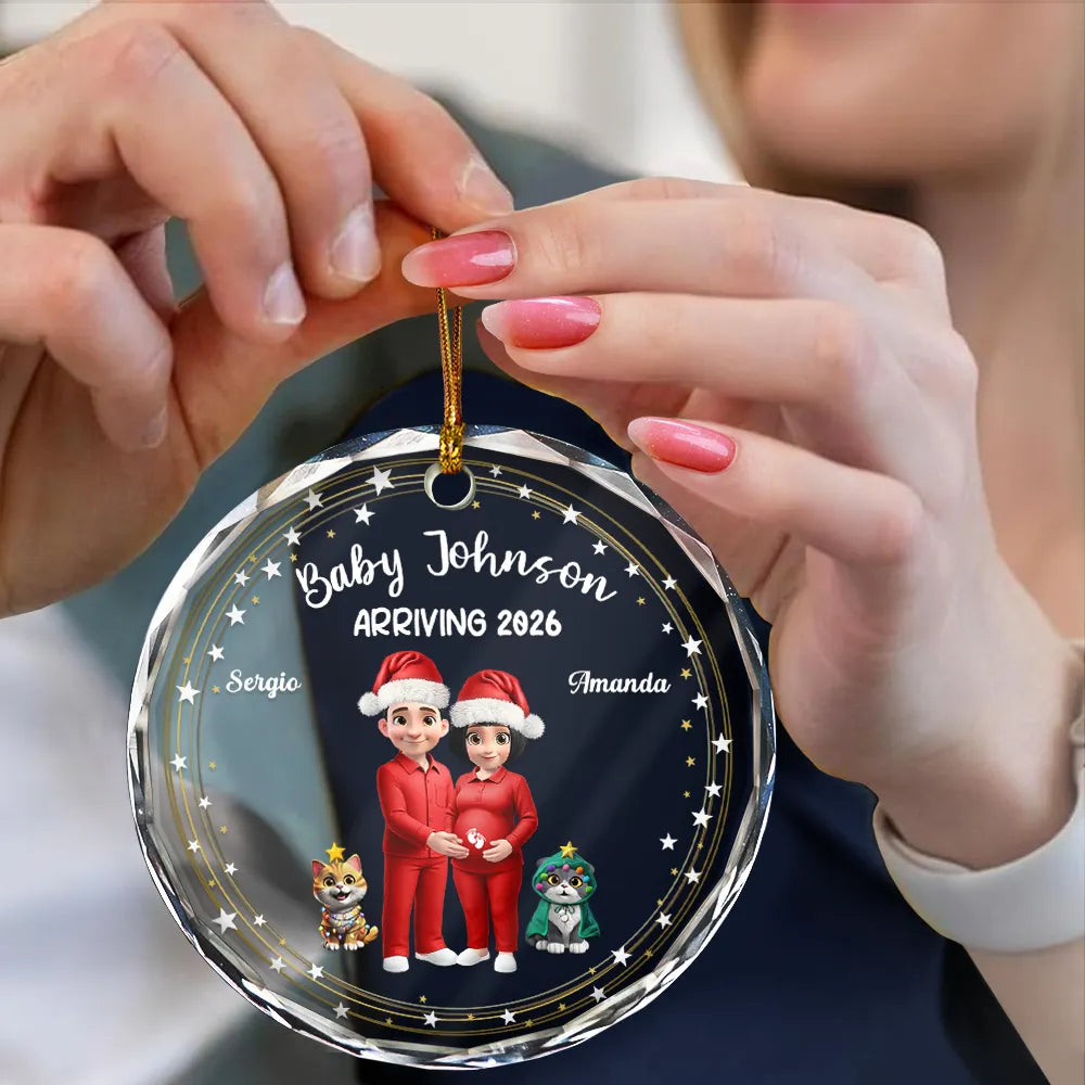 Christmas,Gift For Couples,New Dad,New baby,New Mom,Happy - Expecting Parents 3D Effect Baby Arriving - Personalized Circle Glass Ornament