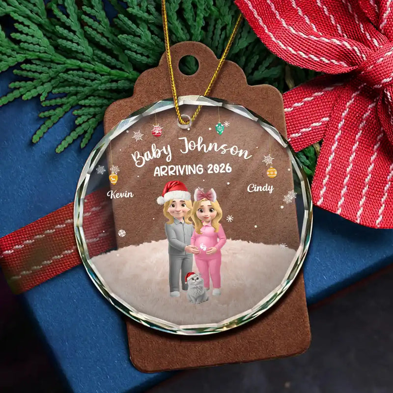 Christmas,Gift For Couples,New Dad,New baby,New Mom,Happy - Expecting Parents 3D Effect Baby Arriving - Personalized Circle Glass Ornament
