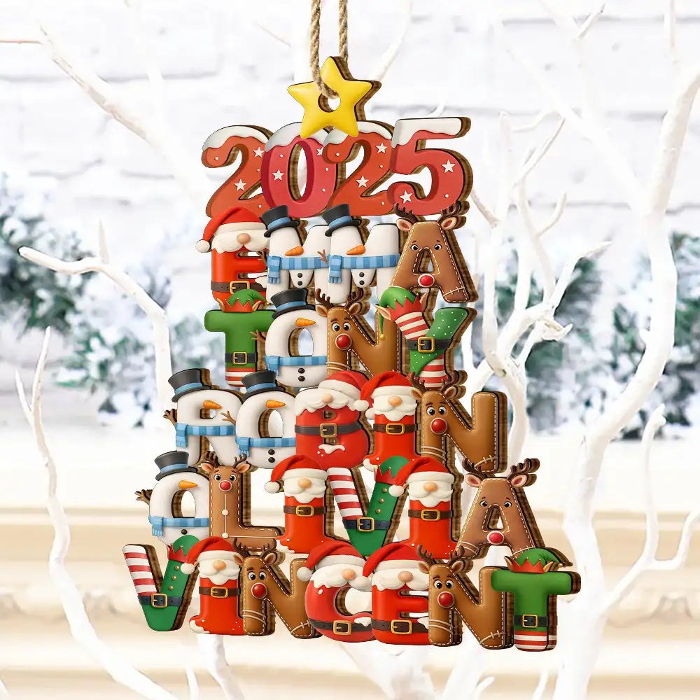 Christmas Pattern Tree With Names - Personalized Custom Shaped Wooden Ornament