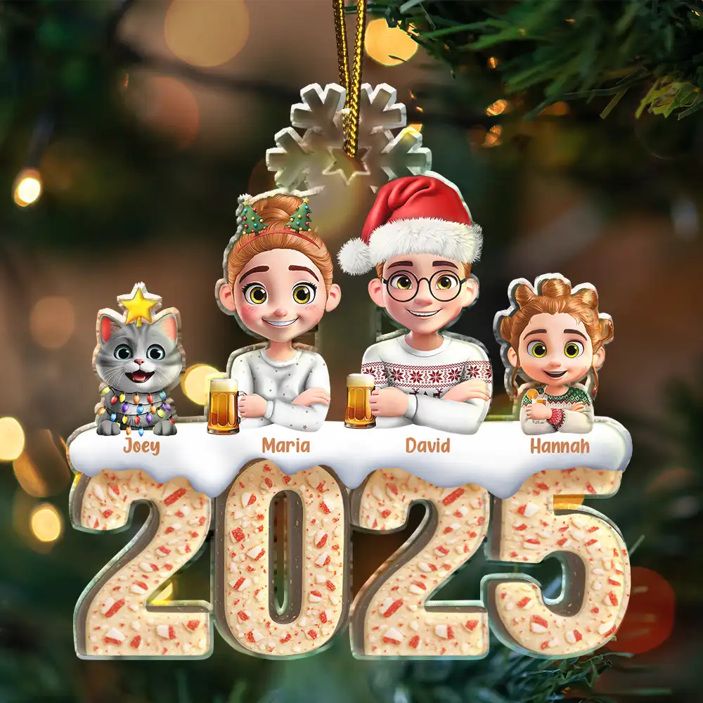 Family, Pet Lovers, Happy, Christmas - Christmas Peppermint Bark 3D Effect Family And Pet - Personalized Custom Shaped Acrylic Ornament