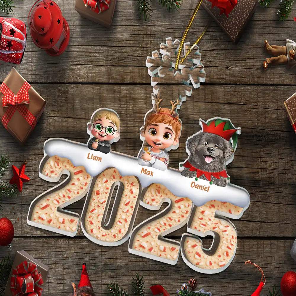 Family, Pet Lovers, Happy, Christmas - Christmas Peppermint Bark 3D Effect Family And Pet - Personalized Custom Shaped Acrylic Ornament