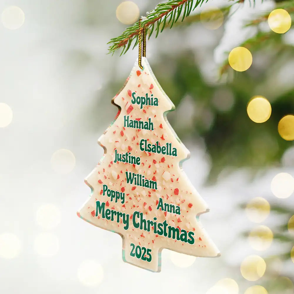Family,Gift For Bestie,Happy,Christmas - Christmas Peppermint Bark Tree Custom Names - Personalized Custom Shaped Acrylic Ornament