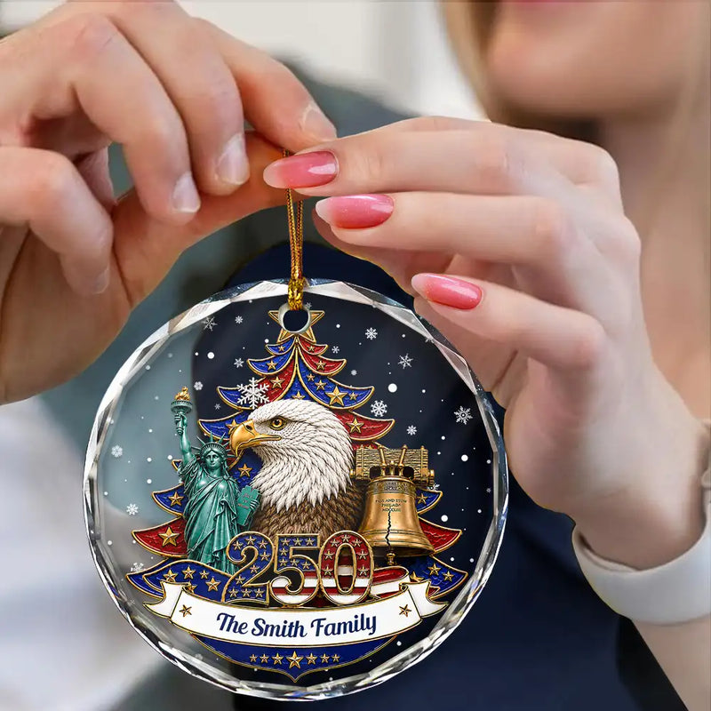 Independence Day,America 250th,Christmas,Proud,Family,Custom Text - Christmas Proud America Family 250th Anniversary - Personalized Circle Glass Ornament