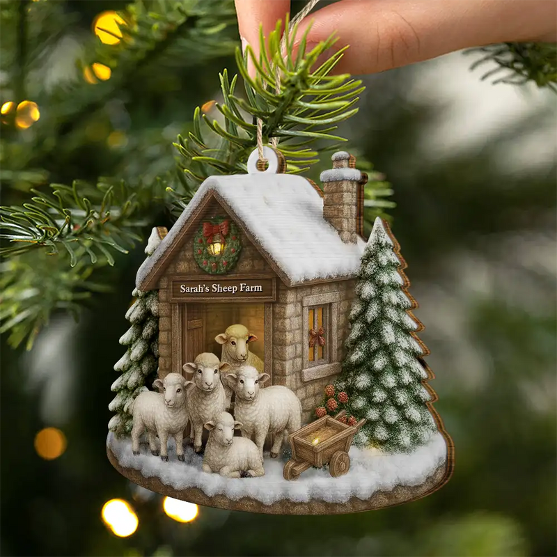Gift For Yourself,Gift For Women,Gift For Men,Happy,Christmas,Farm - Christmas Sheep Farm - Personalized Custom Shaped Wooden Ornament