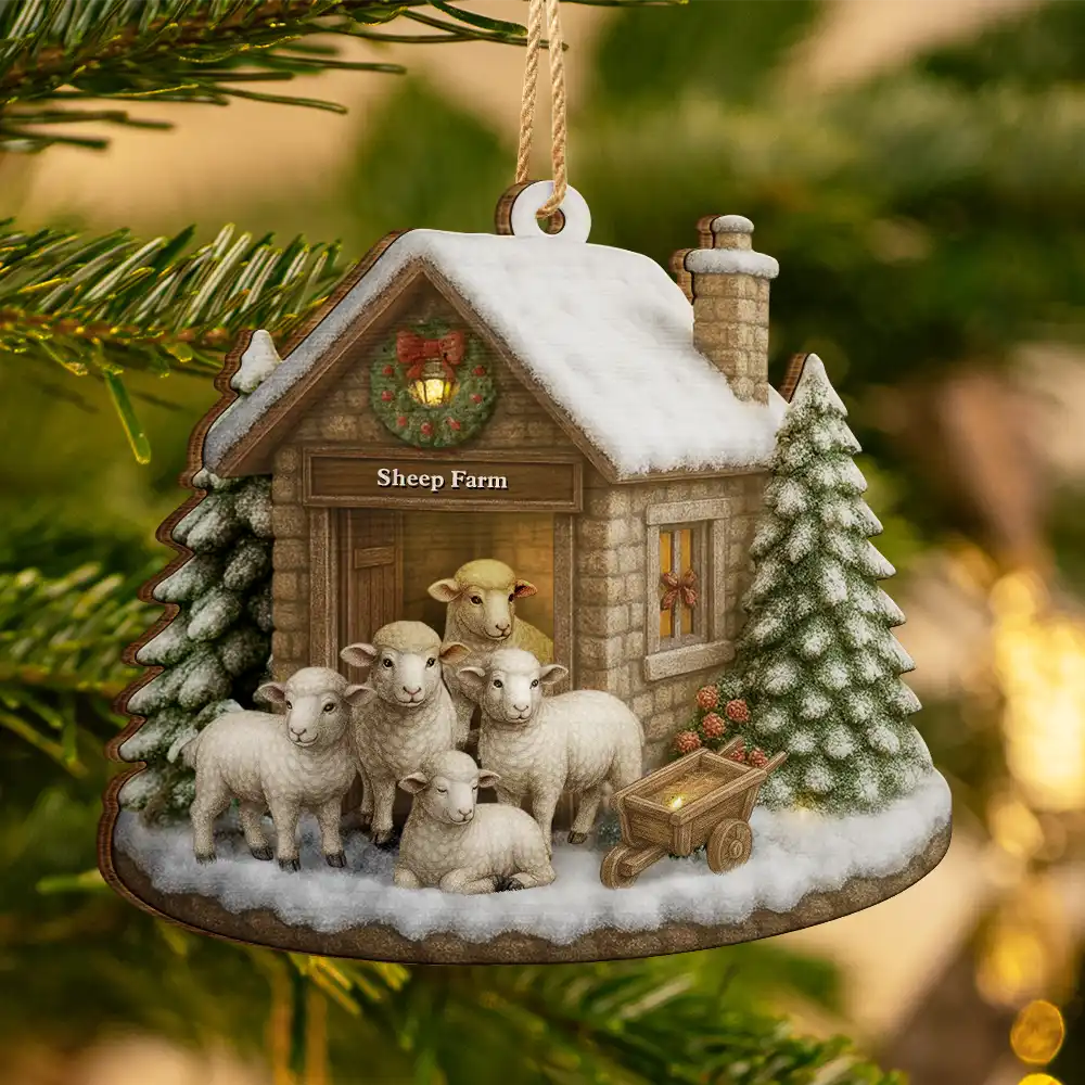 Gift For Yourself,Gift For Women,Gift For Men,Happy,Christmas,Farm - Christmas Sheep Farm - Personalized Custom Shaped Wooden Ornament