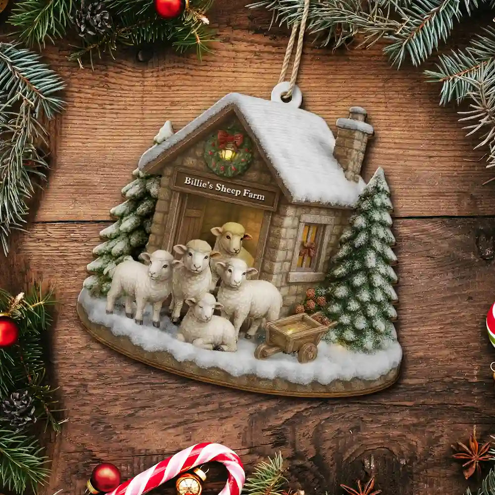 Gift For Yourself,Gift For Women,Gift For Men,Happy,Christmas,Farm - Christmas Sheep Farm - Personalized Custom Shaped Wooden Ornament