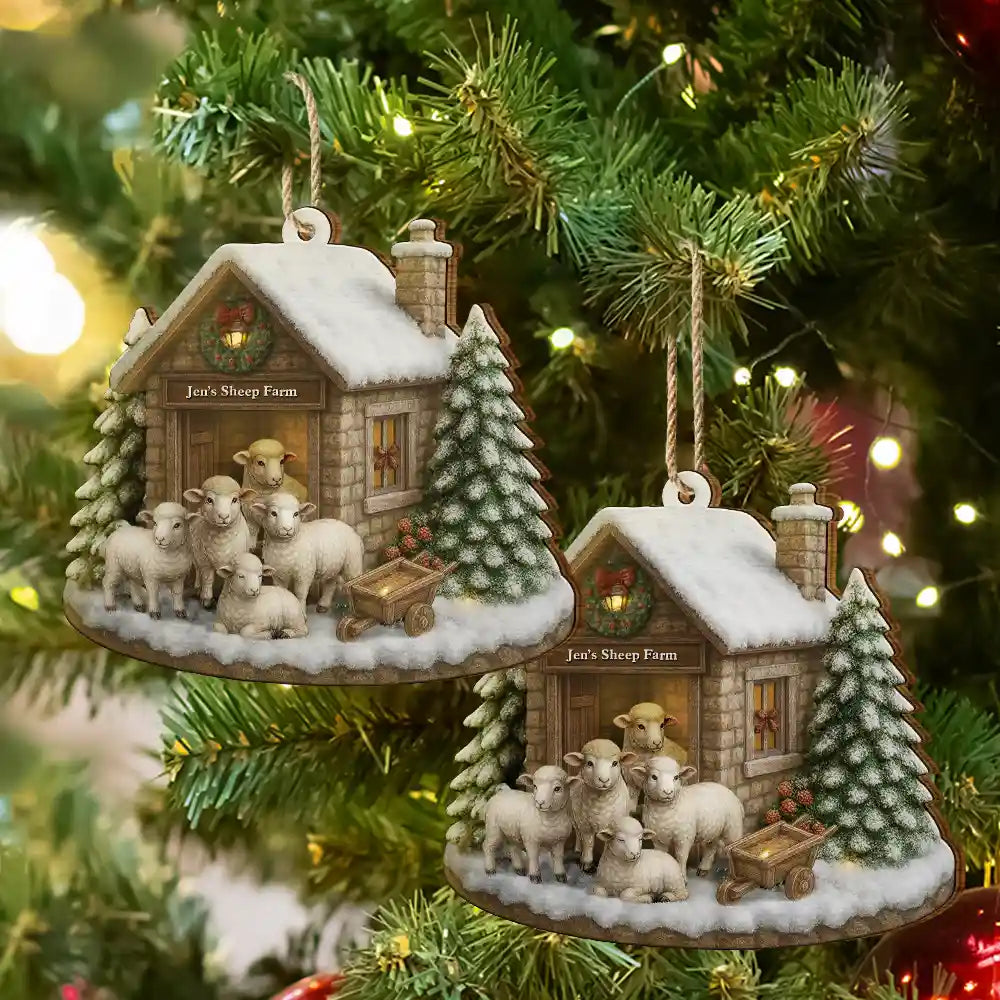 Gift For Yourself,Gift For Women,Gift For Men,Happy,Christmas,Farm - Christmas Sheep Farm - Personalized Custom Shaped Wooden Ornament