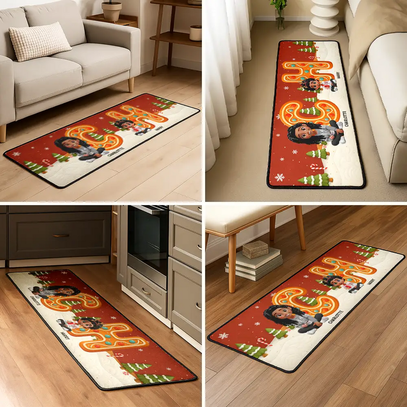 Family, Parents, Gift For Grandparents, Gift For Kids, Happy, Christmas - Christmas Sitting Family Gingerbread Letters - Personalized Runner Rug