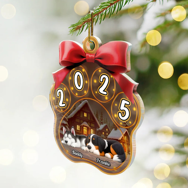 Christmas,Pet Lovers,Pet Mom,Pet Dad,Dog Lovers,Dog Mom,Dog Dad,Happy - Christmas Sleeping Dogs Pawprint - Personalized Custom Shaped Acrylic Ornament