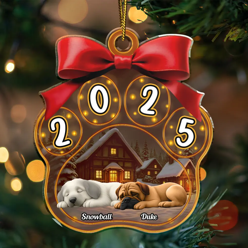Christmas,Pet Lovers,Pet Mom,Pet Dad,Dog Lovers,Dog Mom,Dog Dad,Happy - Christmas Sleeping Dogs Pawprint - Personalized Custom Shaped Acrylic Ornament