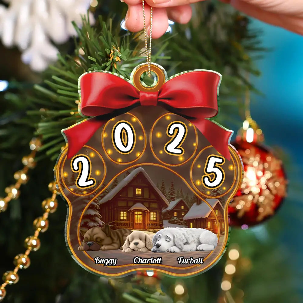 Christmas,Pet Lovers,Pet Mom,Pet Dad,Dog Lovers,Dog Mom,Dog Dad,Happy - Christmas Sleeping Dogs Pawprint - Personalized Custom Shaped Acrylic Ornament