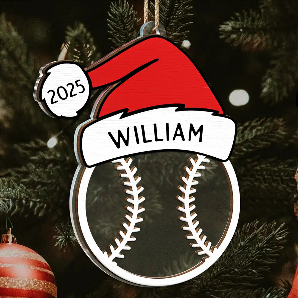 Christmas Sport Ball Santa Hat Custom Name - Personalized 2-Layered Mix Ornament