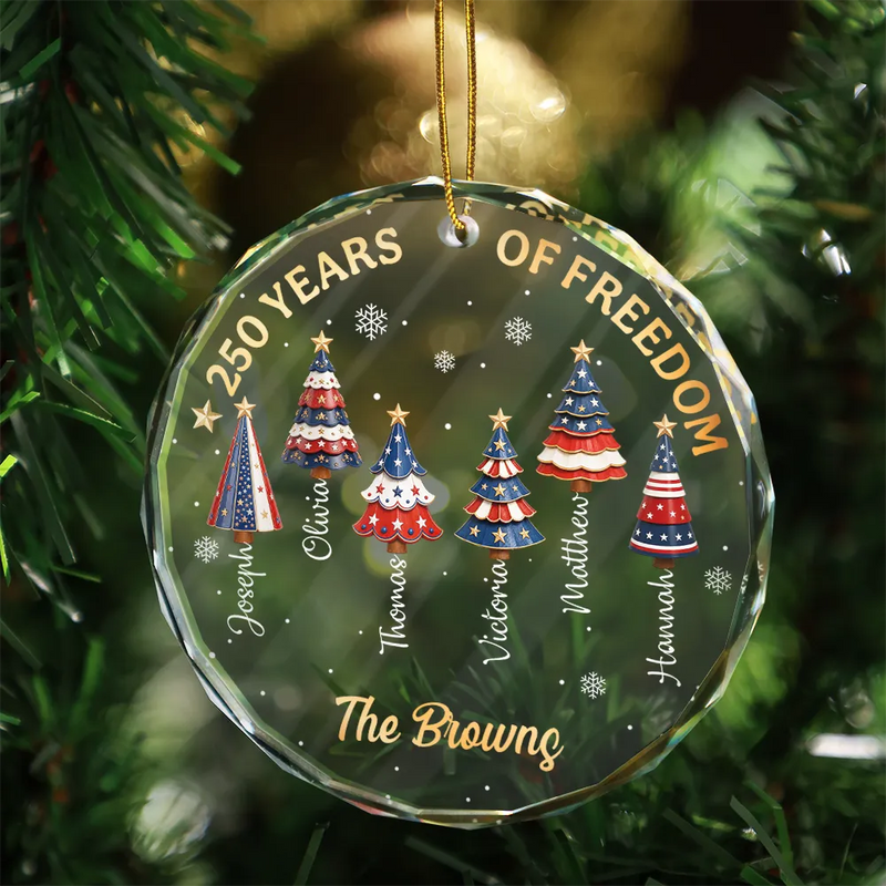 Independence Day, America 250th, Christmas, Proud, Family, Icon - Christmas Tree 250 Years Of Freedom - Personalized Circle Glass Ornament