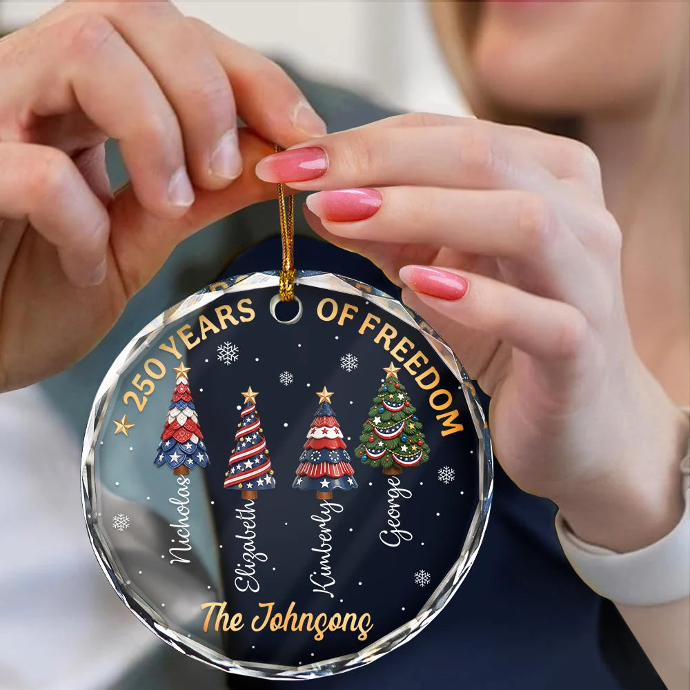Independence Day, America 250th, Christmas, Proud, Family, Icon - Christmas Tree 250 Years Of Freedom - Personalized Circle Glass Ornament