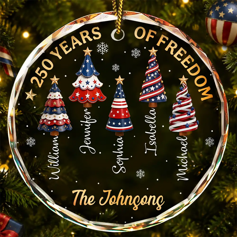Independence Day, America 250th, Christmas, Proud, Family, Icon - Christmas Tree 250 Years Of Freedom - Personalized Circle Glass Ornament