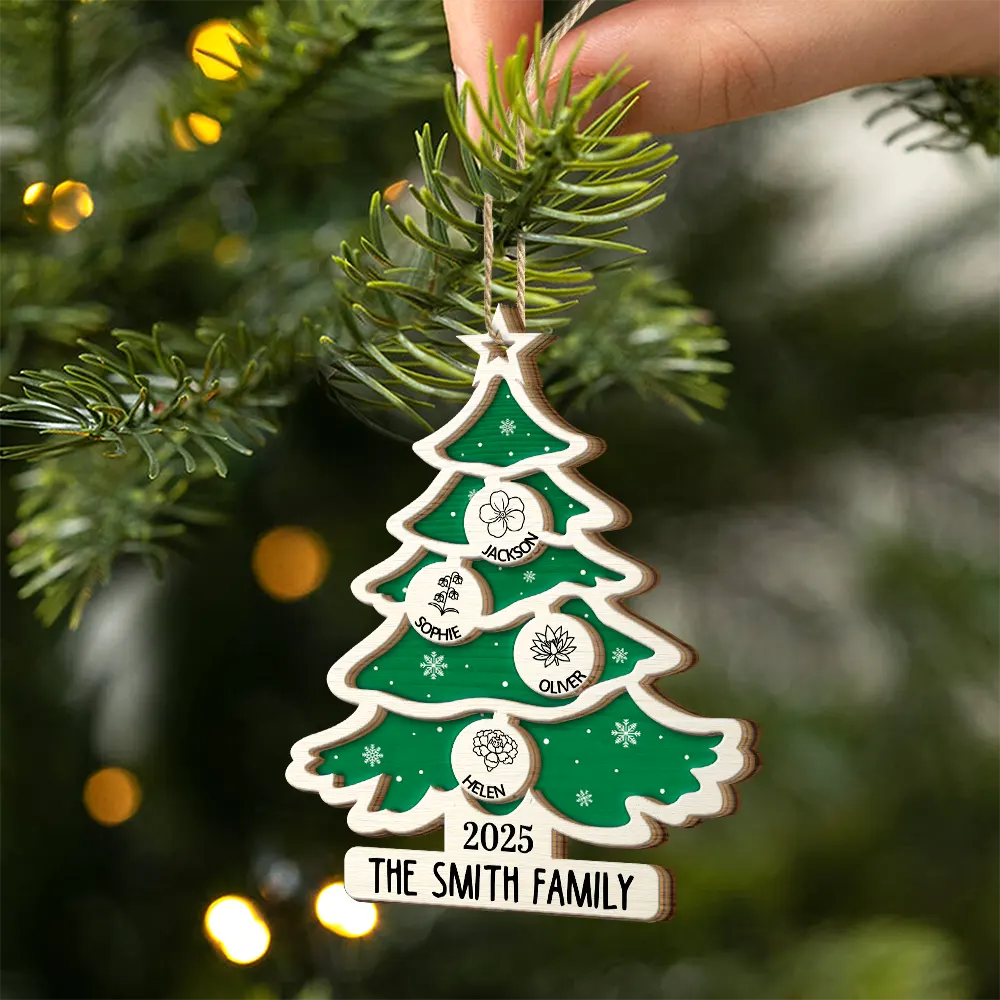 Gift For Couples,Gift For Husband,Gift For Wife,Parents,Gift For Mother,Gift For Father,Family,Gift For Sibling,Gift For Sisters,Gift For Brothers,Gift For Grandpa,Gift For Grandma,Gift For Grandparents,Christmas,Love - Christmas Tree Birth Flower Family - Personalized 2-Layered Wooden Ornament