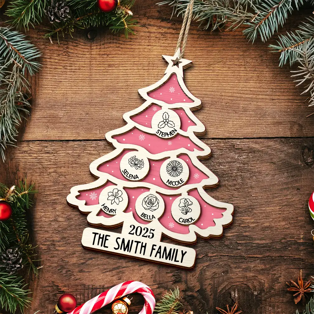 Gift For Couples,Gift For Husband,Gift For Wife,Parents,Gift For Mother,Gift For Father,Family,Gift For Sibling,Gift For Sisters,Gift For Brothers,Gift For Grandpa,Gift For Grandma,Gift For Grandparents,Christmas,Love - Christmas Tree Birth Flower Family - Personalized 2-Layered Wooden Ornament