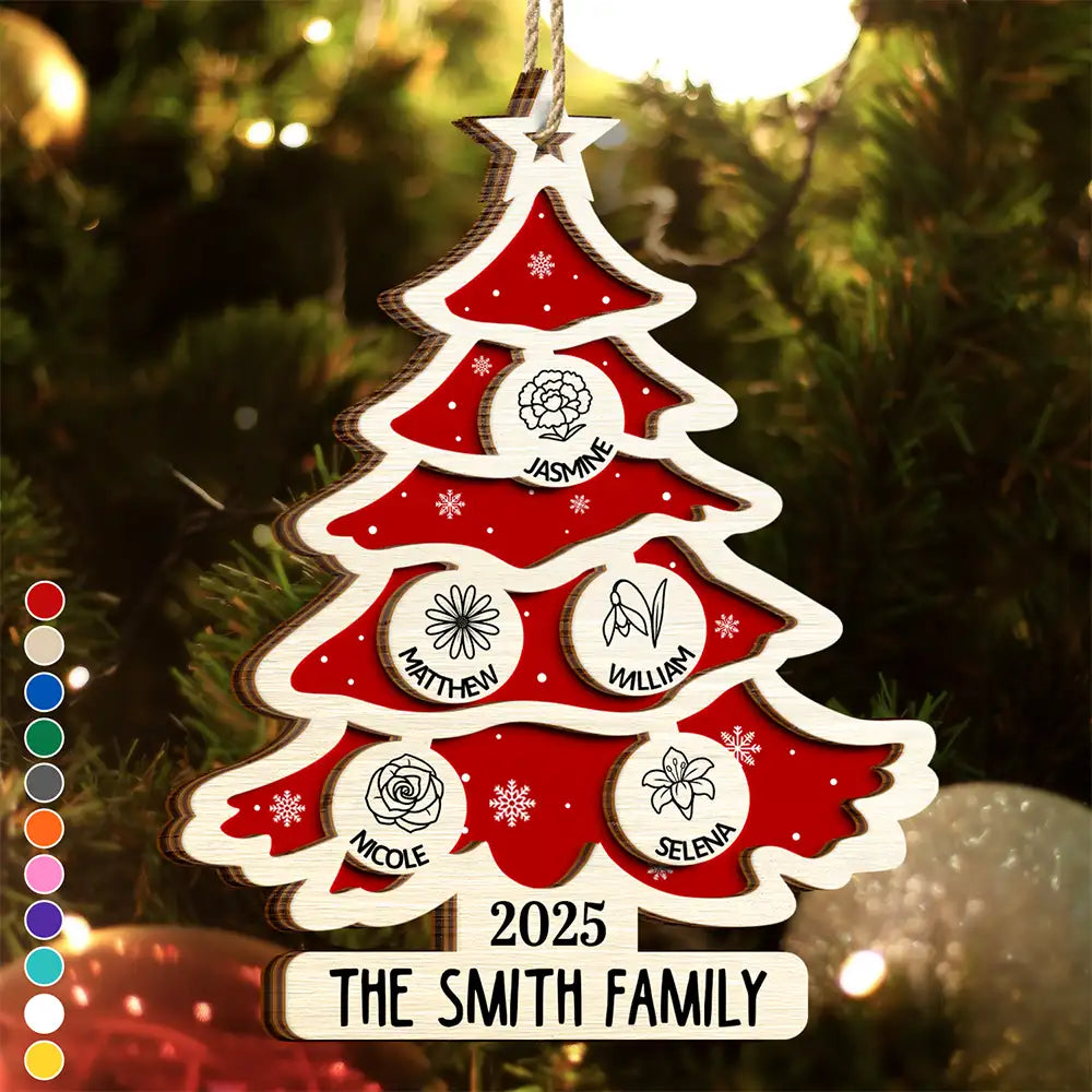 Christmas Tree Birth Flower Family - Personalized 2-Layered Wooden Orn ...