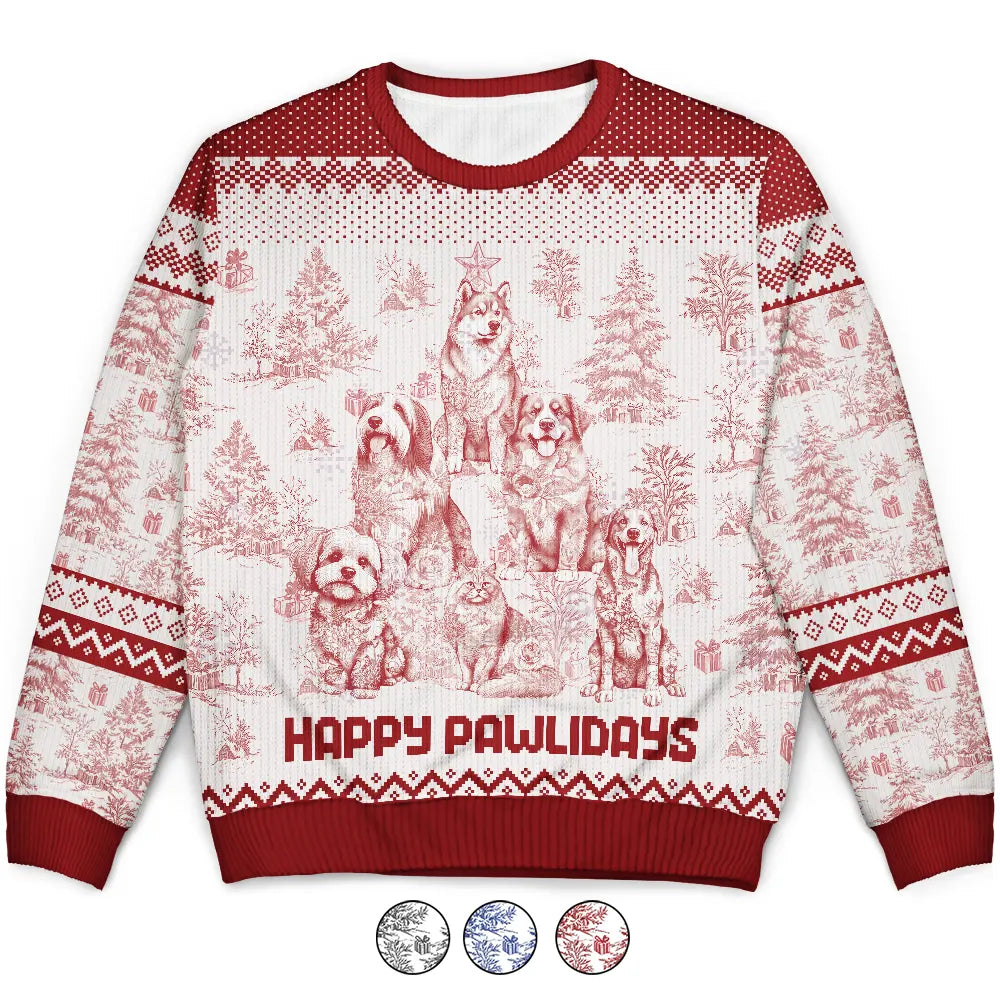 Happy,Dog Lovers,Pet Lovers,Cat Lovers,Christmas - Christmas Tree Dog Cat Toile - Personalized Unisex Ugly Sweater