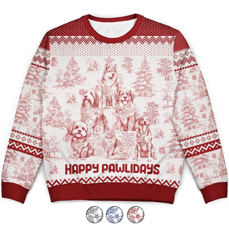 Happy,Dog Lovers,Pet Lovers,Cat Lovers,Christmas - Christmas Tree Dog Cat Toile - Personalized Unisex Ugly Sweater