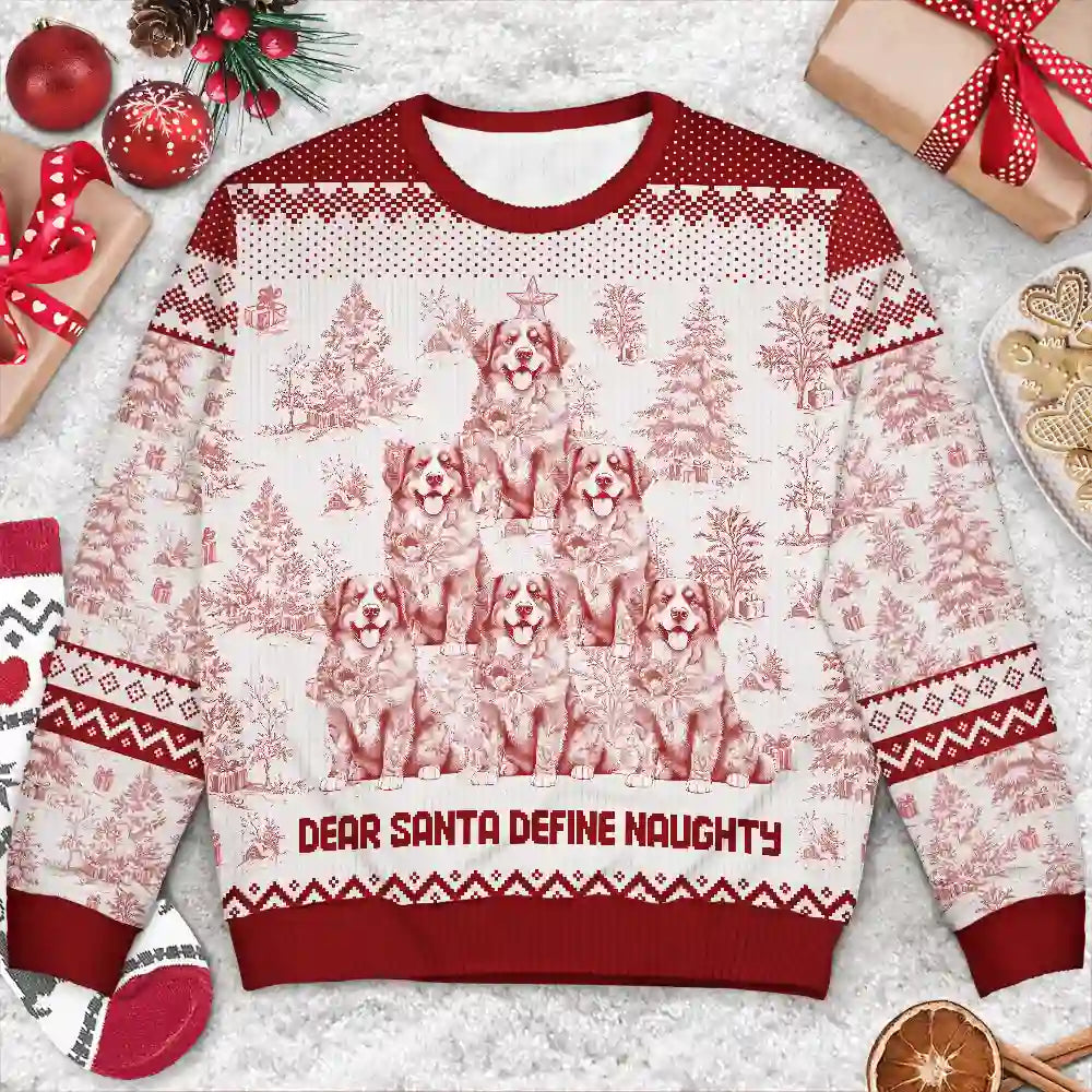 Happy,Dog Lovers,Pet Lovers,Cat Lovers,Christmas - Christmas Tree Dog Cat Toile - Personalized Unisex Ugly Sweater