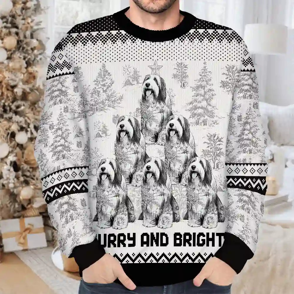 Happy,Dog Lovers,Pet Lovers,Cat Lovers,Christmas - Christmas Tree Dog Cat Toile - Personalized Unisex Ugly Sweater