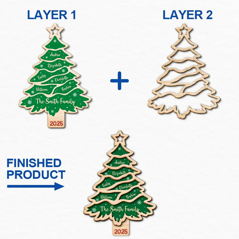 Sapin de Noël personnalisé avec noms de famille (version 3) - Décoration en bois à 2 couches 