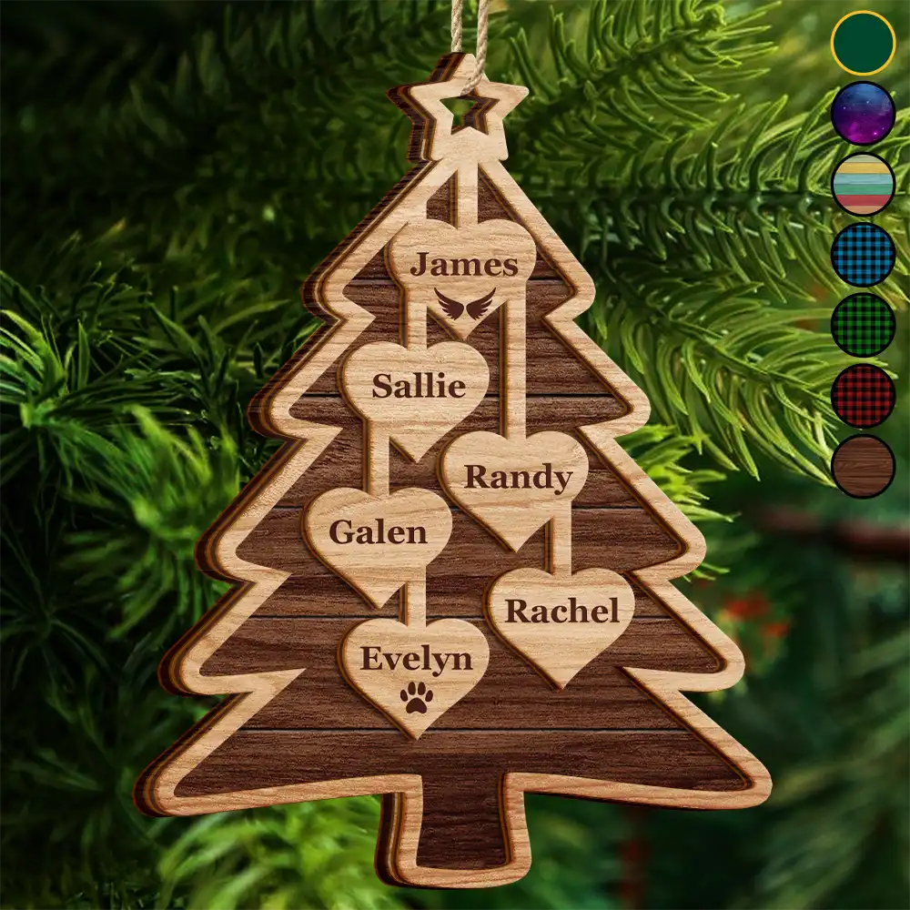 Christmas,Happy,Family - Christmas Tree Hearts With Names - Personalized 2-Layered Wooden Ornament