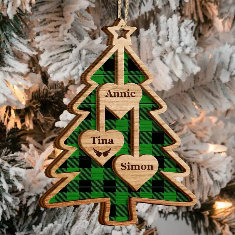 Christmas,Happy,Family - Christmas Tree Hearts With Names - Personalized 2-Layered Wooden Ornament