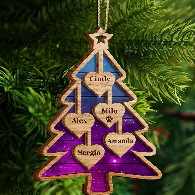 Christmas,Happy,Family - Christmas Tree Hearts With Names - Personalized 2-Layered Wooden Ornament