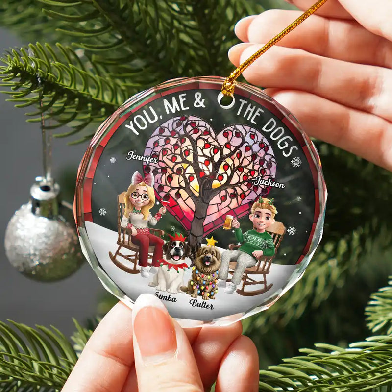Gift For Couples,Gift For Husband,Gift For Wife,Gift For Boyfriend,Gift For Girlfriend,Pet Lovers,Pet Couple,Dog Lovers,Dog Couple,Love,Christmas - Christmas Tree You Me And The Dog - Personalized Circle Glass Ornament