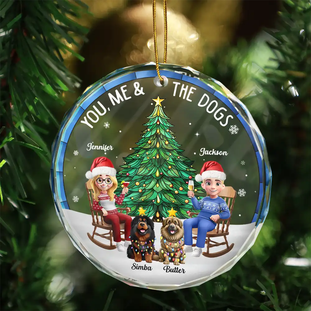 Gift For Couples,Gift For Husband,Gift For Wife,Gift For Boyfriend,Gift For Girlfriend,Pet Lovers,Pet Couple,Dog Lovers,Dog Couple,Love,Christmas - Christmas Tree You Me And The Dog - Personalized Circle Glass Ornament