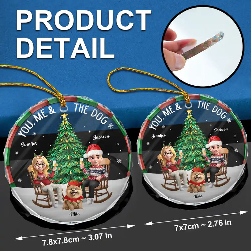 Gift For Couples,Gift For Husband,Gift For Wife,Gift For Boyfriend,Gift For Girlfriend,Pet Lovers,Pet Couple,Dog Lovers,Dog Couple,Love,Christmas - Christmas Tree You Me And The Dog - Personalized Circle Glass Ornament