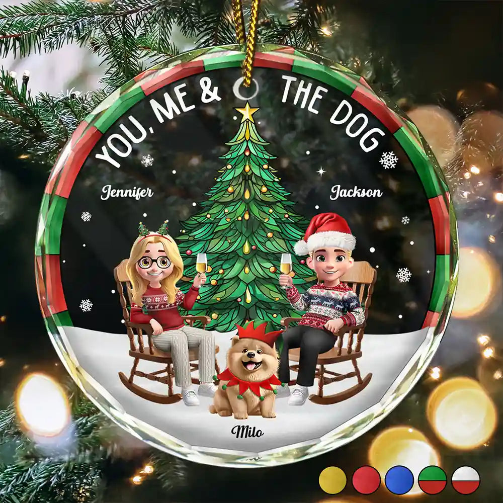 Gift For Couples,Gift For Husband,Gift For Wife,Gift For Boyfriend,Gift For Girlfriend,Pet Lovers,Pet Couple,Dog Lovers,Dog Couple,Love,Christmas - Christmas Tree You Me And The Dog - Personalized Circle Glass Ornament