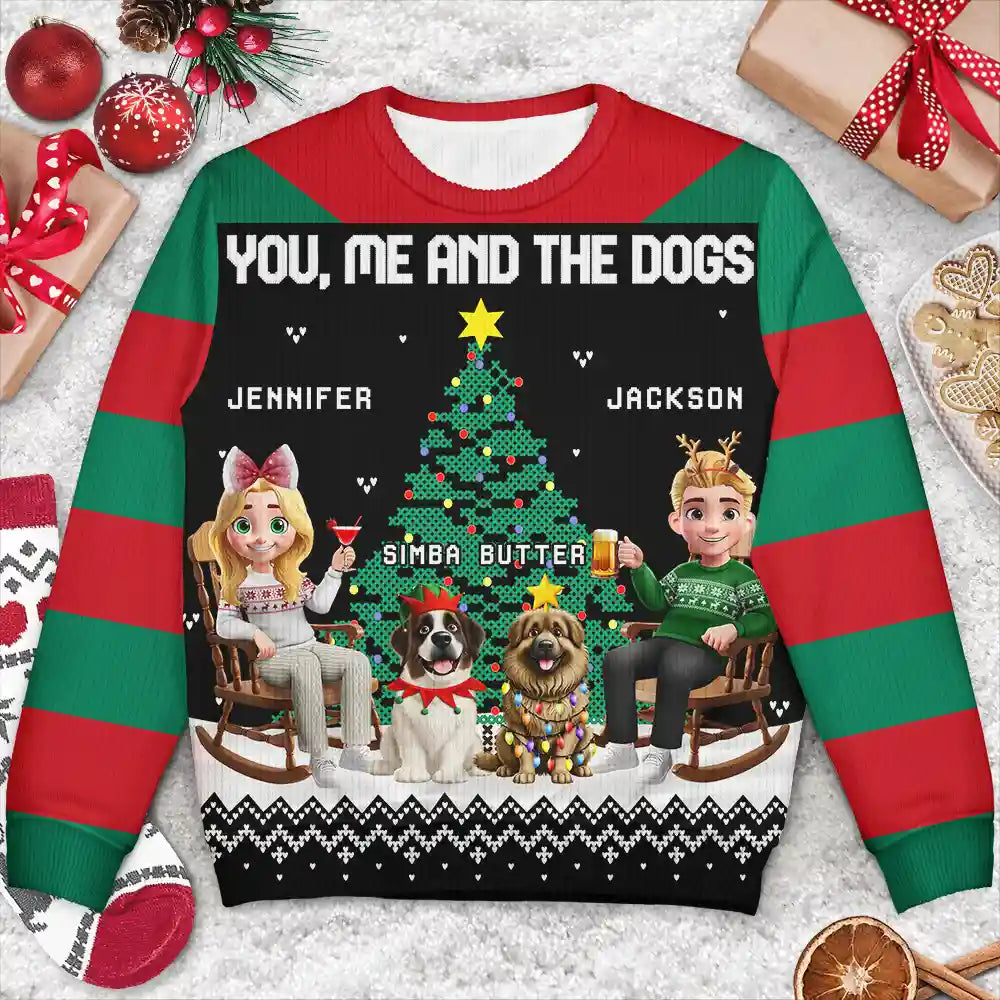 Gift For Couples,Gift For Husband,Gift For Wife,Gift For Boyfriend,Gift For Girlfriend,Cat Lovers,Cat Couple,Pet Lovers,Pet Couple,Christmas,Love - Christmas Tree You Me And The Dog Cat - Personalized Unisex Ugly Sweater