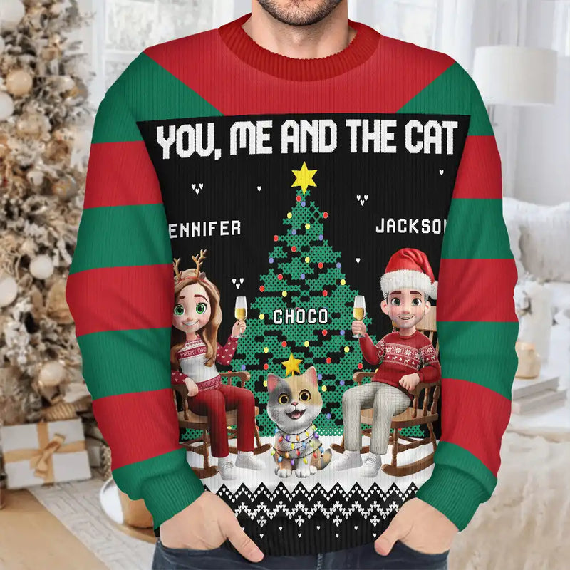 Gift For Couples,Gift For Husband,Gift For Wife,Gift For Boyfriend,Gift For Girlfriend,Cat Lovers,Cat Couple,Pet Lovers,Pet Couple,Christmas,Love - Christmas Tree You Me And The Dog Cat - Personalized Unisex Ugly Sweater