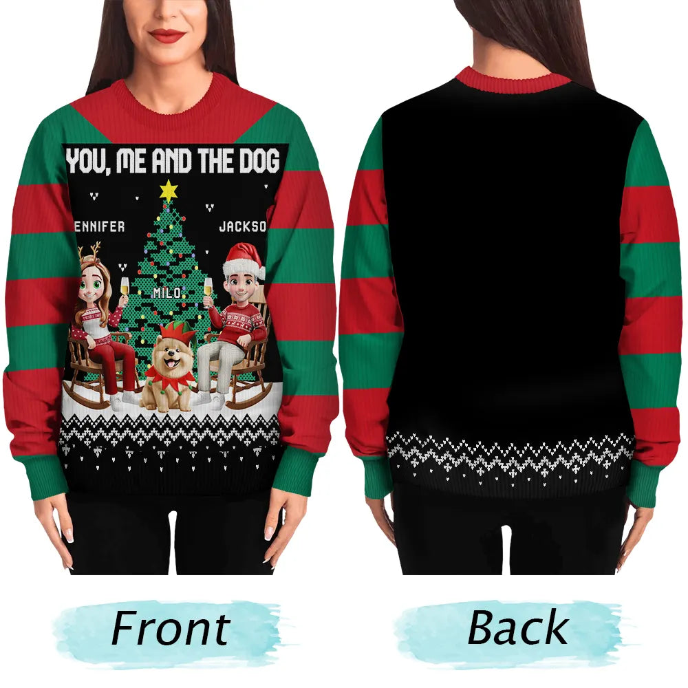Gift For Couples,Gift For Husband,Gift For Wife,Gift For Boyfriend,Gift For Girlfriend,Cat Lovers,Cat Couple,Pet Lovers,Pet Couple,Christmas,Love - Christmas Tree You Me And The Dog Cat - Personalized Unisex Ugly Sweater