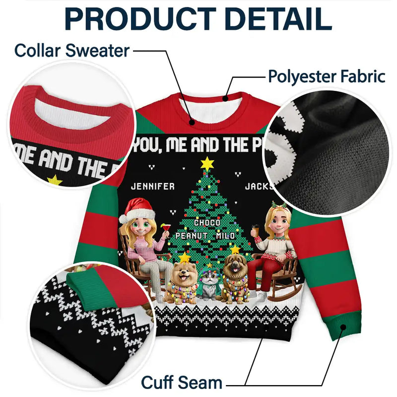 Gift For Couples,Gift For Husband,Gift For Wife,Gift For Boyfriend,Gift For Girlfriend,Cat Lovers,Cat Couple,Pet Lovers,Pet Couple,Christmas,Love - Christmas Tree You Me And The Dog Cat - Personalized Unisex Ugly Sweater