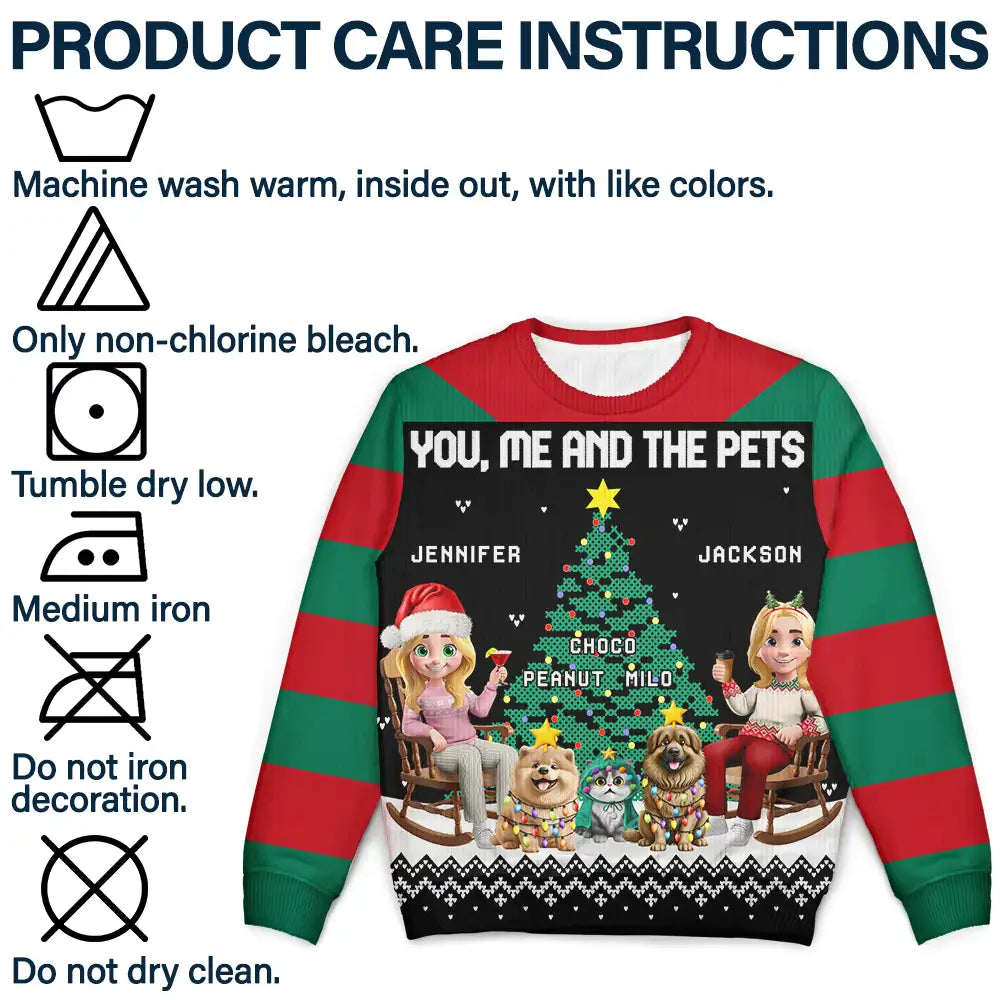 Gift For Couples,Gift For Husband,Gift For Wife,Gift For Boyfriend,Gift For Girlfriend,Cat Lovers,Cat Couple,Pet Lovers,Pet Couple,Christmas,Love - Christmas Tree You Me And The Dog Cat - Personalized Unisex Ugly Sweater