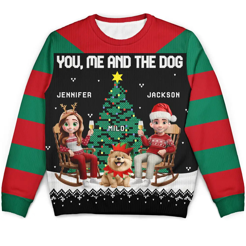 Gift For Couples,Gift For Husband,Gift For Wife,Gift For Boyfriend,Gift For Girlfriend,Cat Lovers,Cat Couple,Pet Lovers,Pet Couple,Christmas,Love - Christmas Tree You Me And The Dog Cat - Personalized Unisex Ugly Sweater
