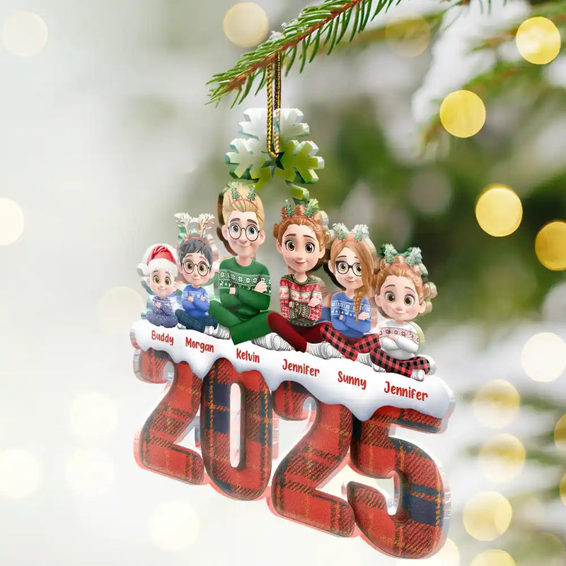 Family,Happy,Christmas - Christmas Upholstery Tartan Plaid Pattern Family 3D Effect - Personalized Custom Shaped Acrylic Ornament