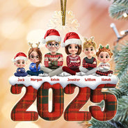 Family,Happy,Christmas - Christmas Upholstery Tartan Plaid Pattern Family 3D Effect - Personalized Custom Shaped Acrylic Ornament