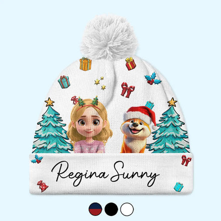 Christmas Woman Man And Dogs 3D Effect - Personalized Bobble Beanie Hat