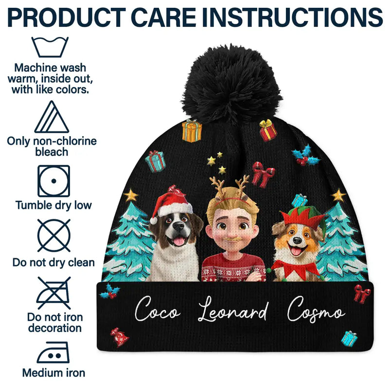 Pet Lovers,Pet Mom,Pet Dad,Happy,Dog Lovers,Dog Mom,Dog Dad - Christmas Woman Man And Dogs 3D Effect - Personalized Bobble Beanie Hat
