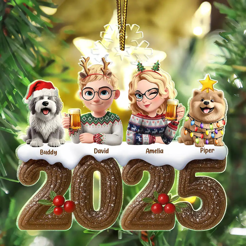 Family, Pet Lovers, Happy, Christmas - Christmas Yule Log Buche De Noel 3D Effect Couple Sibling Dog Cat - Personalized Custom Shaped Acrylic Ornament