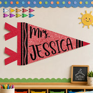 Teacher,Confident,Back To School,Warp Text - Colorful Crayon & Name - Personalized Pennant